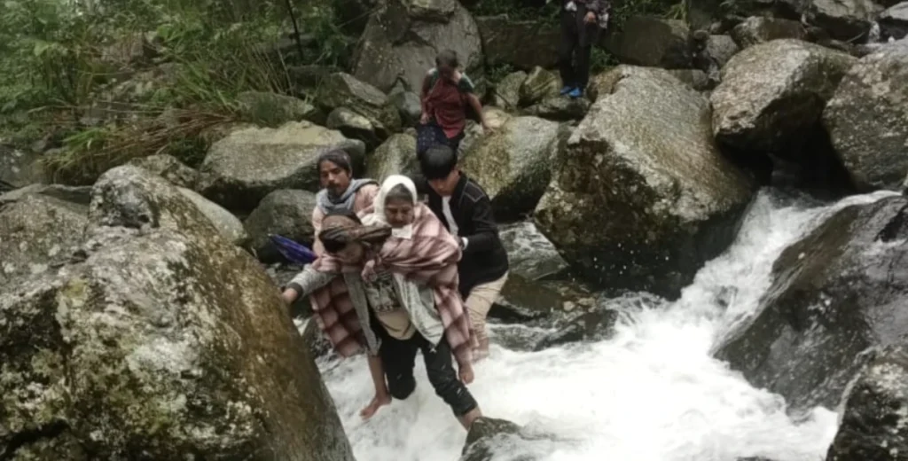 Villageers Crossing River